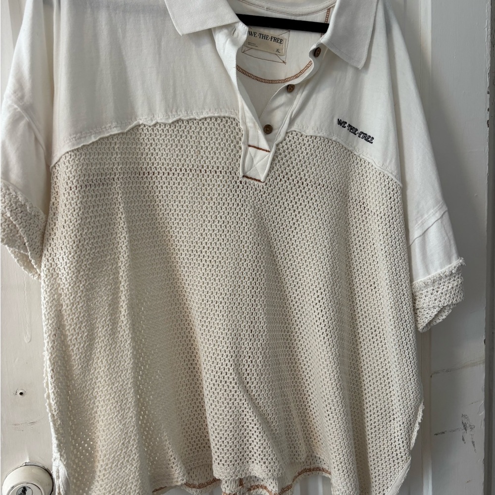 We the Free White and Cream Knit Polo Shirt